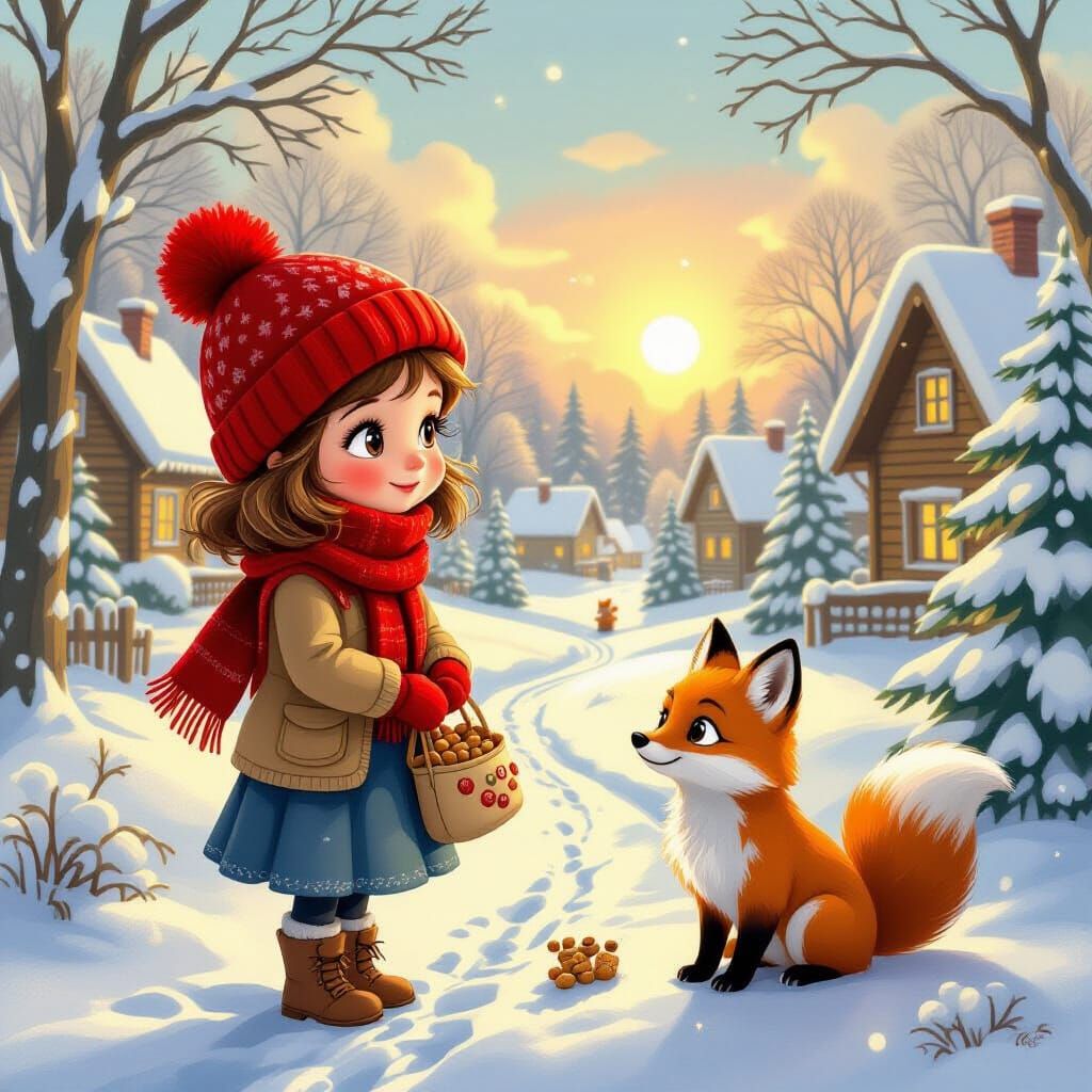 Girl with Animals on Snowy Path, Whimsical Digital Art