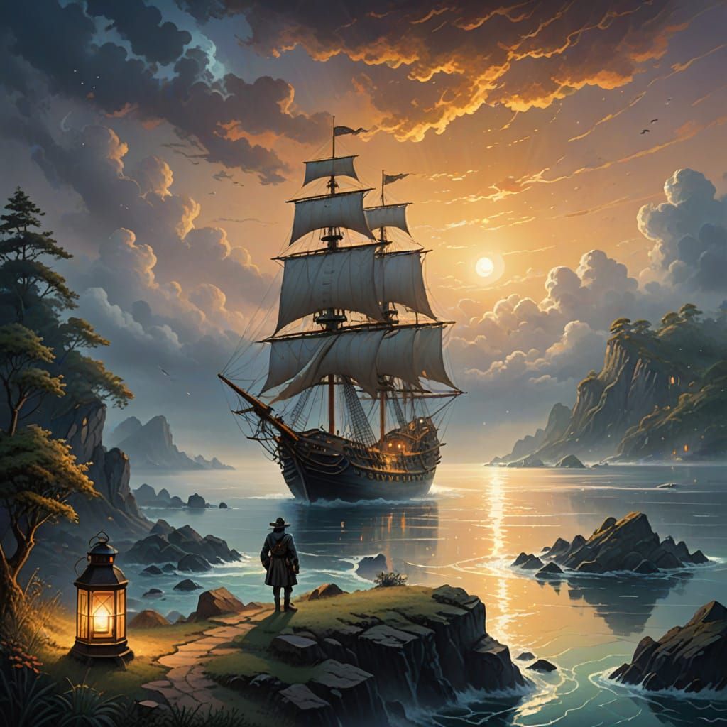 Long John Silver Amidst Golden Haze on Mystical Island Shore