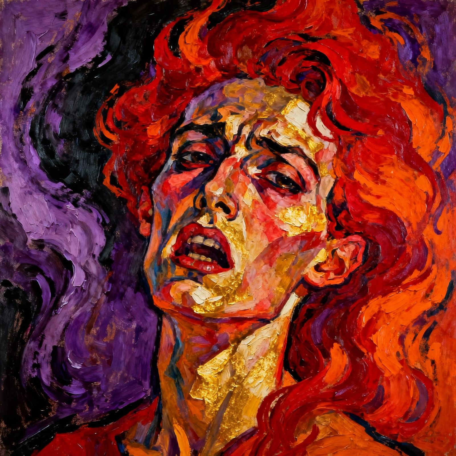 Expressionist Portrait of a Woman in Crimson and Orange