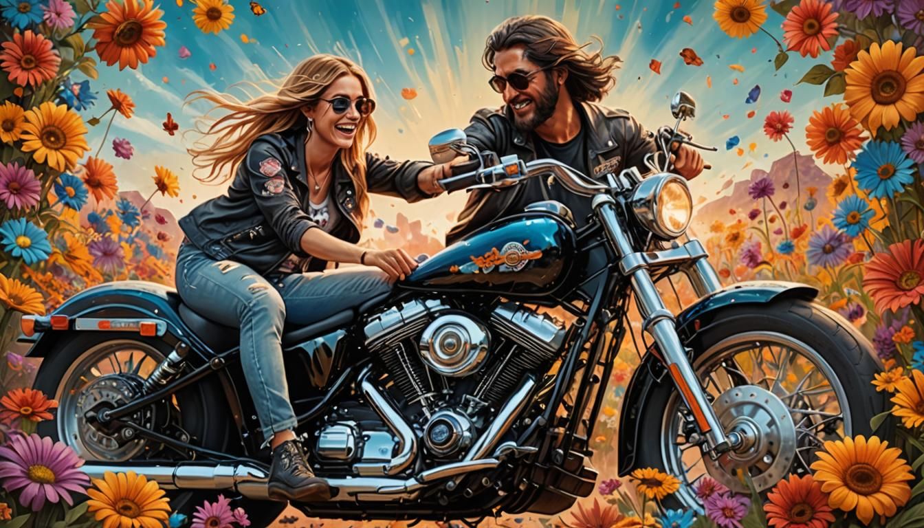 Harley-Davidson with Hippies and Flowers: Hyperrealistic Art