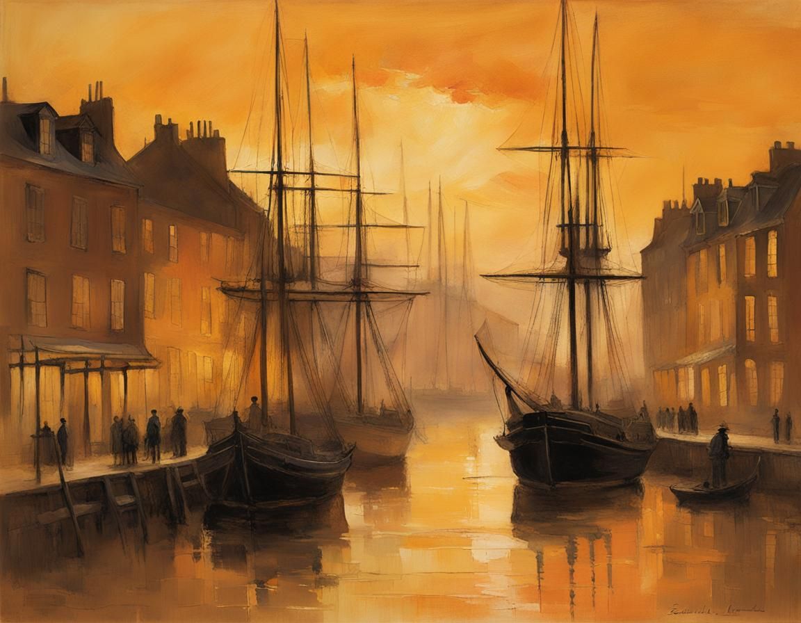 Vintage Port Town at Dusk in Watercolor Style