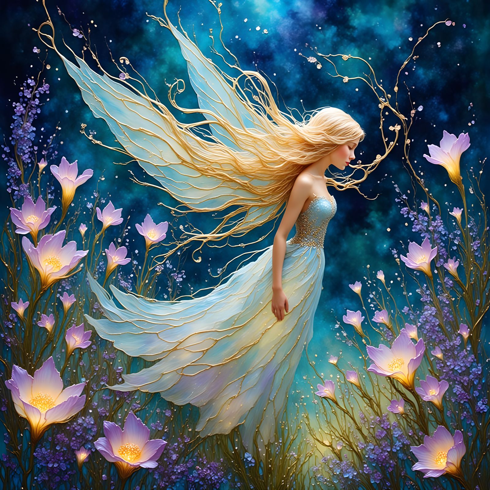 Beautiful Fairy in Bioluminescent Flower Field, Alcohol Ink ...
