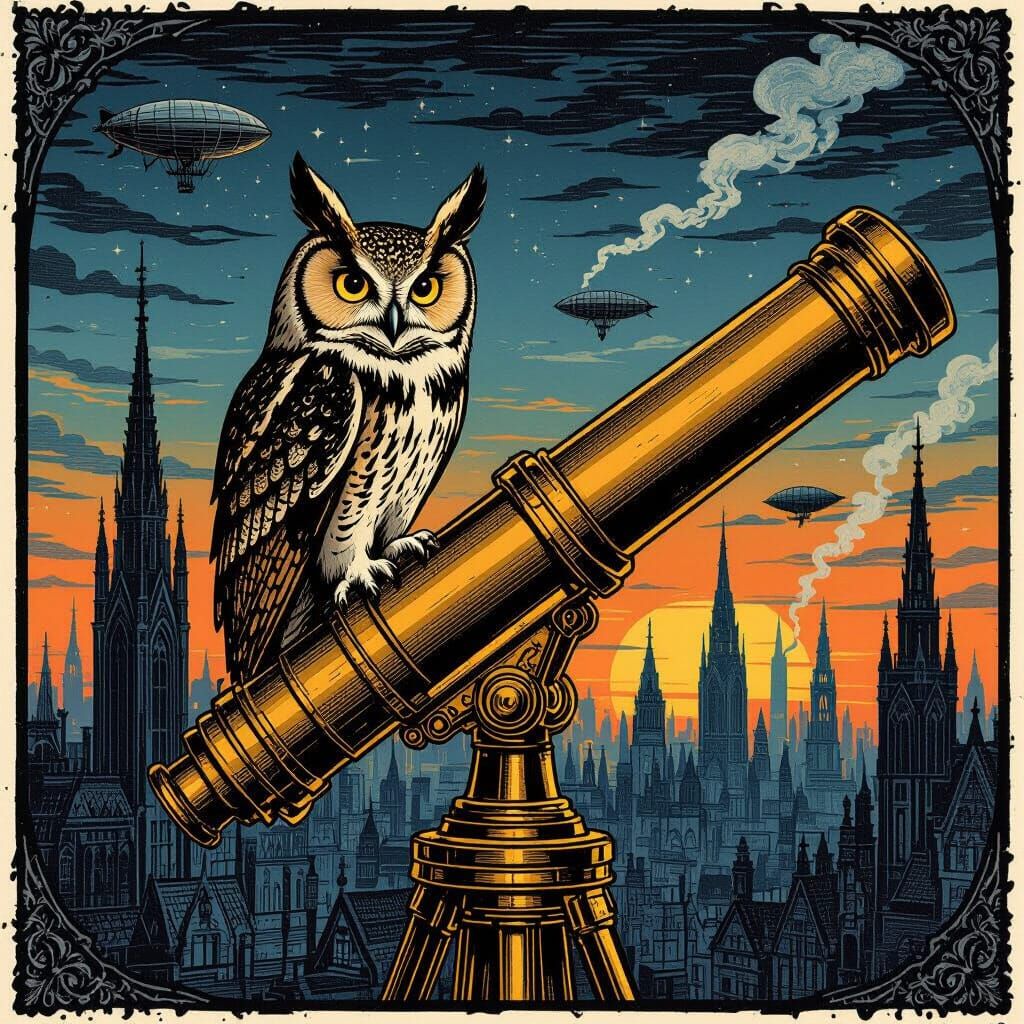 Owl on Brass Telescope Over Magical Metropolis at Dusk