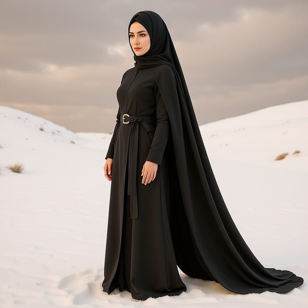 Woman in Snowy Desert Landscape, Hyperrealistic Textures