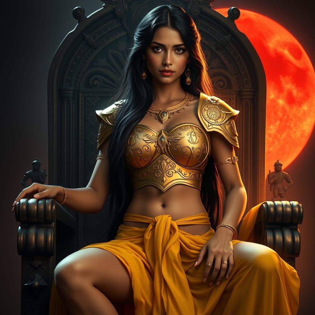 Chennai Woman on Throne Under Red Moon