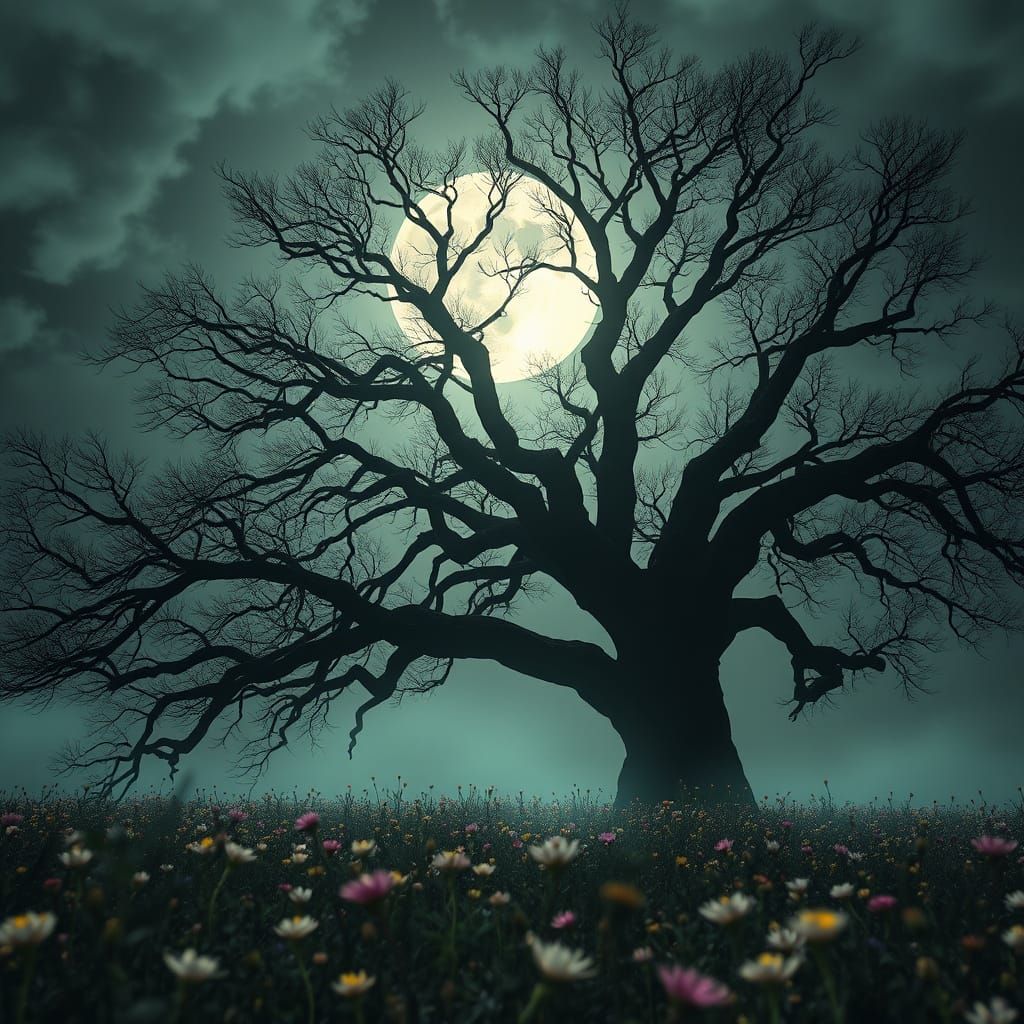 Majestic Tree Silhouetted Against Full Moon