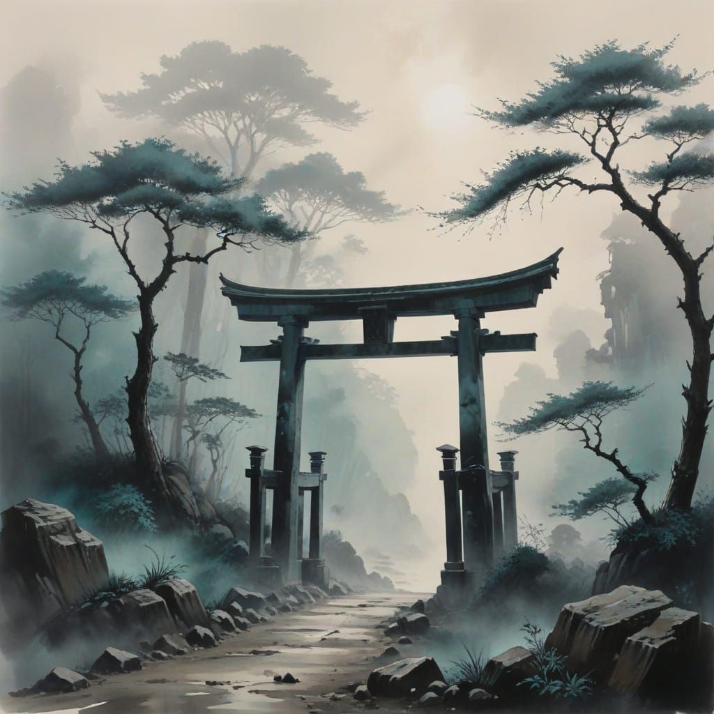 Torii Gate in Sumi-e Ink Painting Style