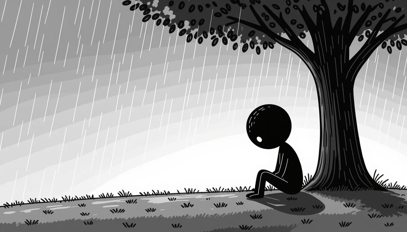 Sad Stick Figure Under Tree in Black and White Rain