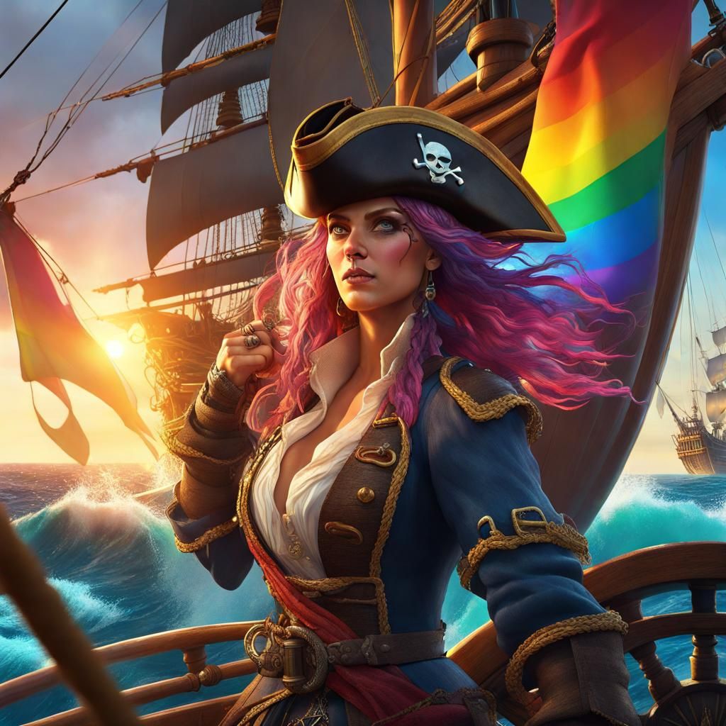 Pirate Queen Leads Voyage in Sunset, Detailed Matte Painting