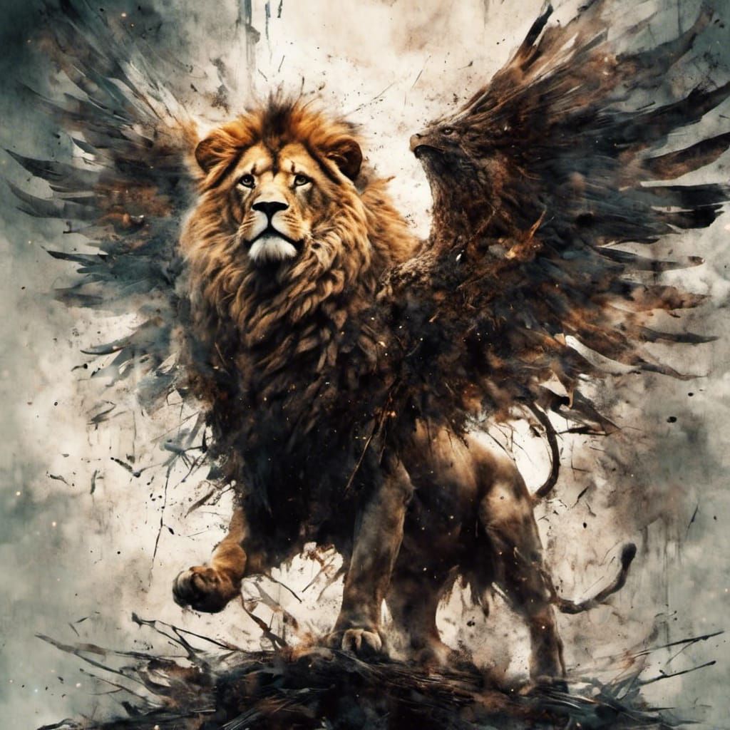 Winged Lion in Dark Atmospheric Digital Art Style