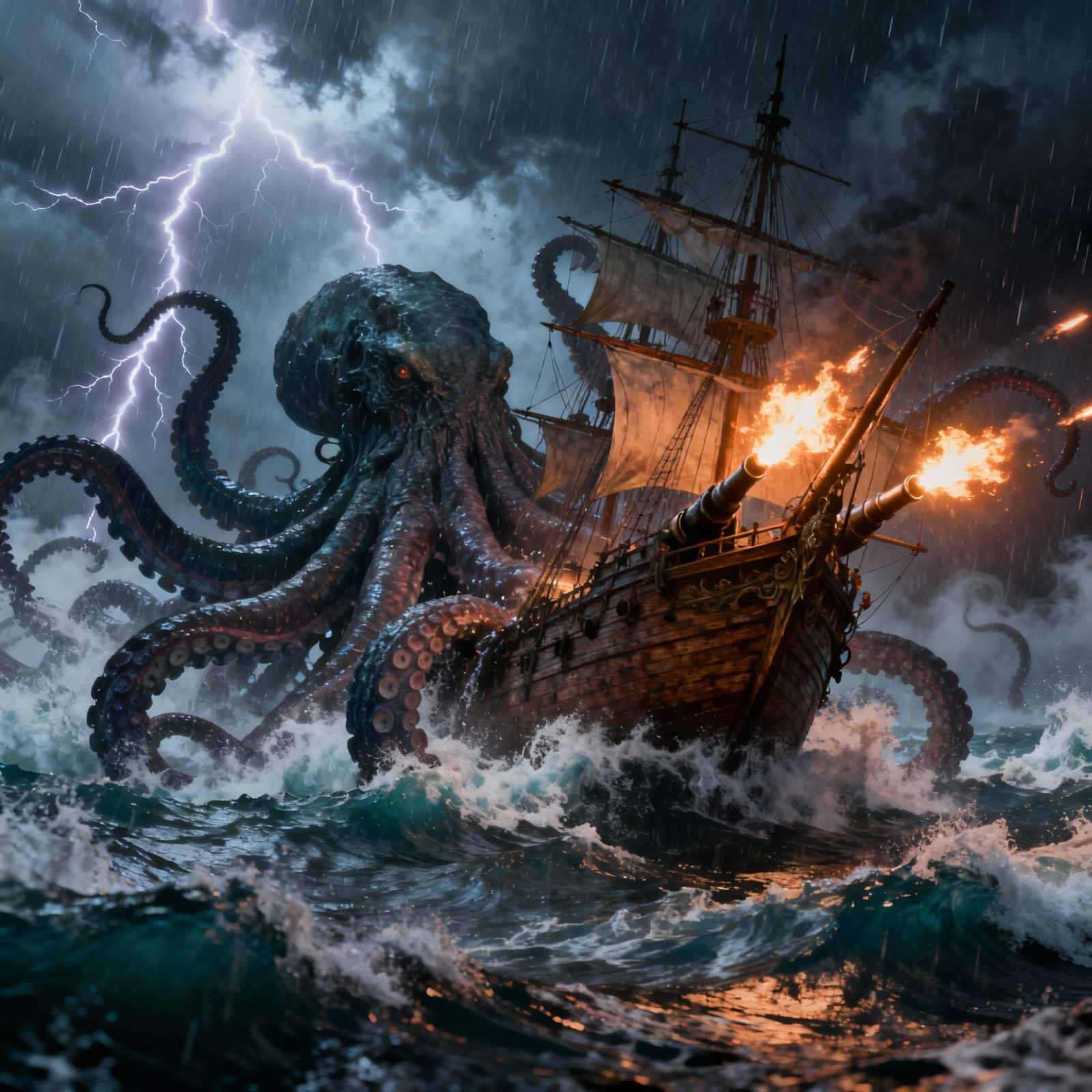 Giant Kraken Attacks Sailing Ship in Epic Storm