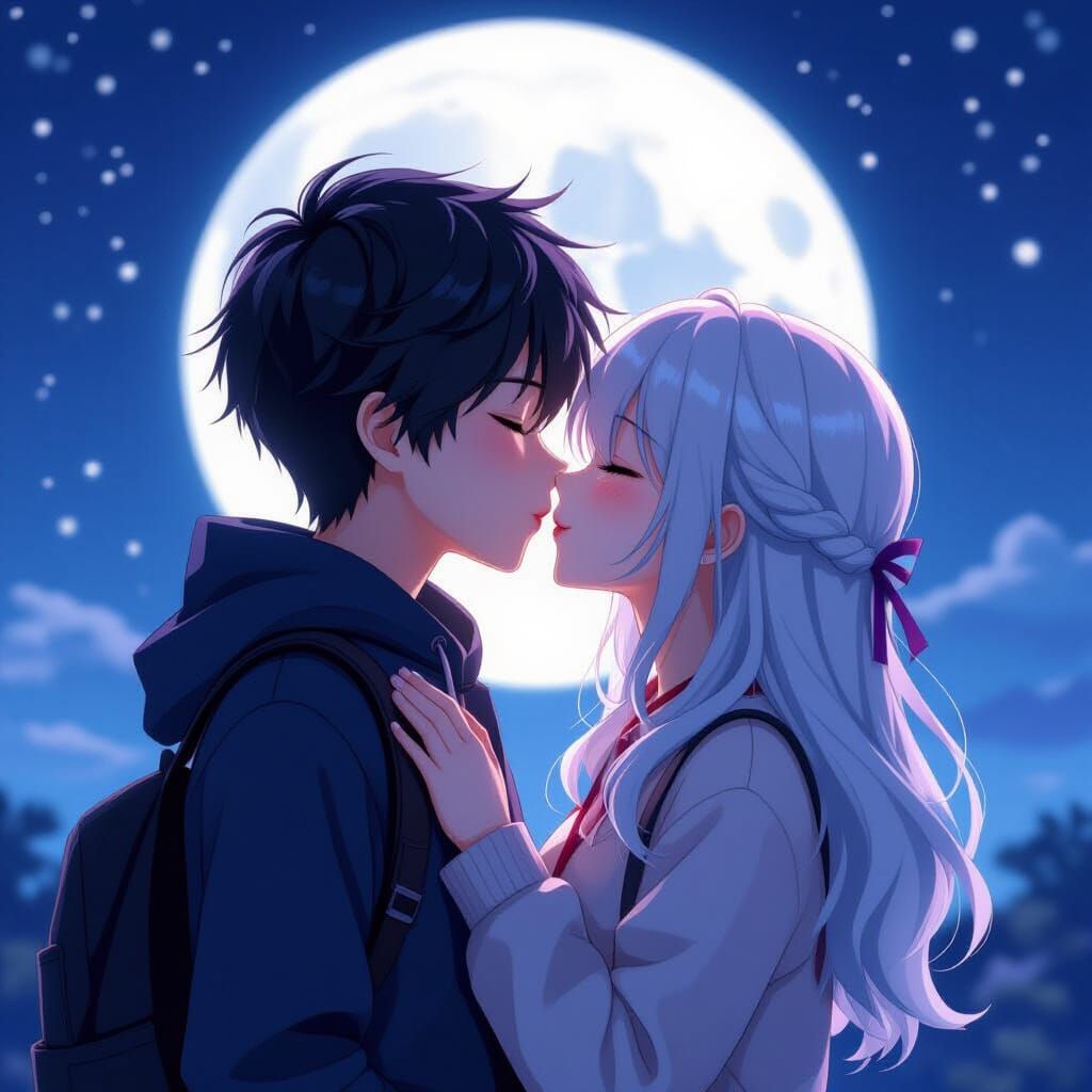 Anime Boy Kisses Girl Under Moonlight