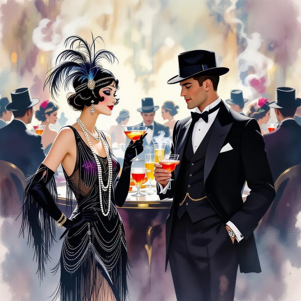 Roaring 20s Speakeasy in Art Nouveau Watercolor