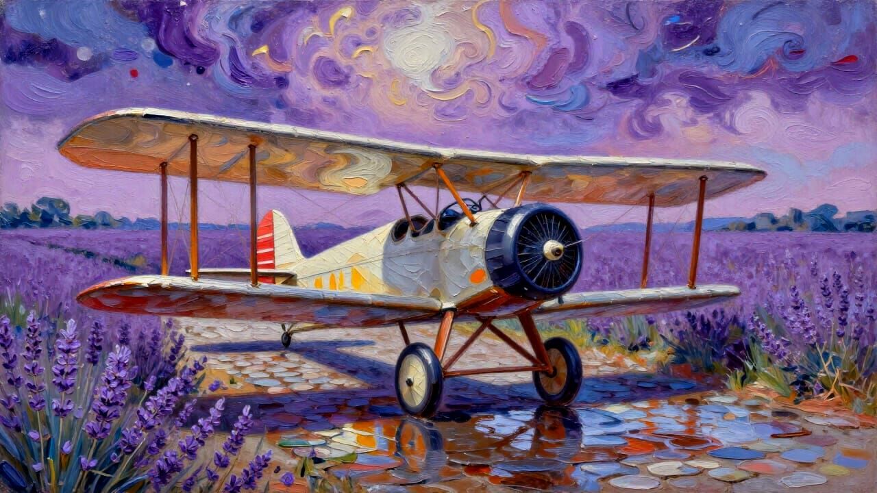 Cosmic Lavender Labyrinth Impasto Painting with Plane Reflec...