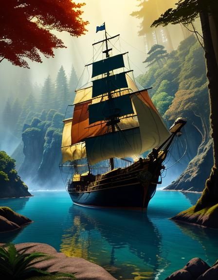 Pirate Ship in Hidden Cove: Fauvist Oil Painting