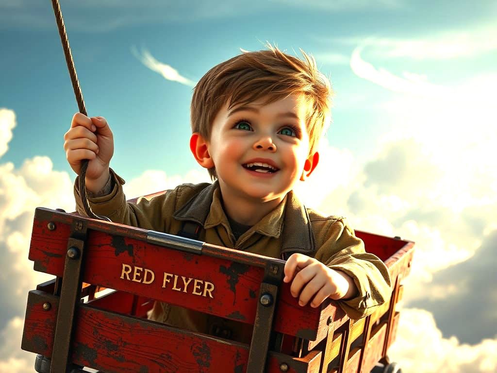 A Boy Soars in His Red Flyer Wagon in a Vibrant 8K Concept A...