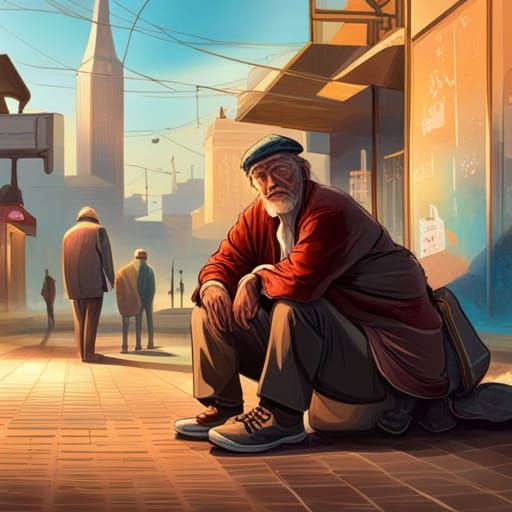 Hyperrealistic City Scene: Young Man and Beggar