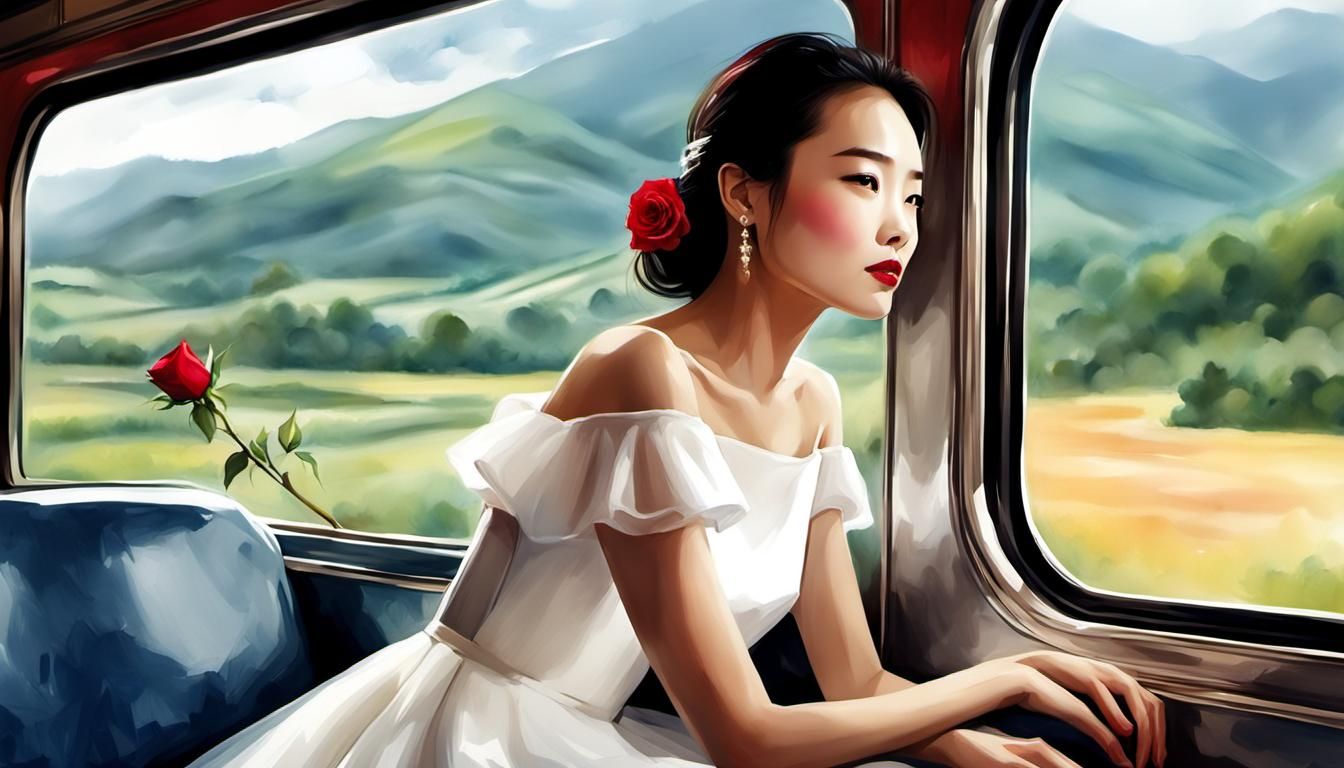 Supermodel on Train: Digital Watercolor Sketch