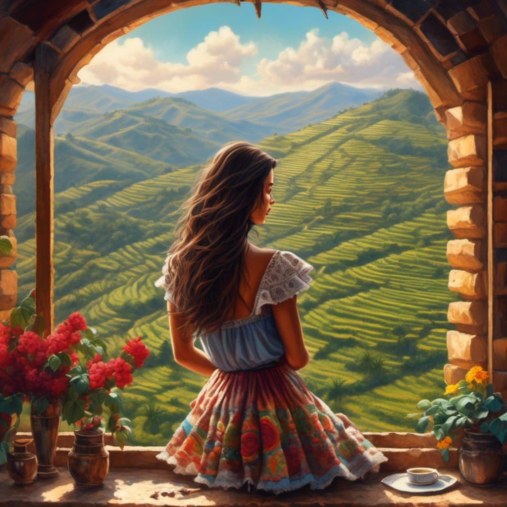 Mexican Woman Overlooking Coffee Fields