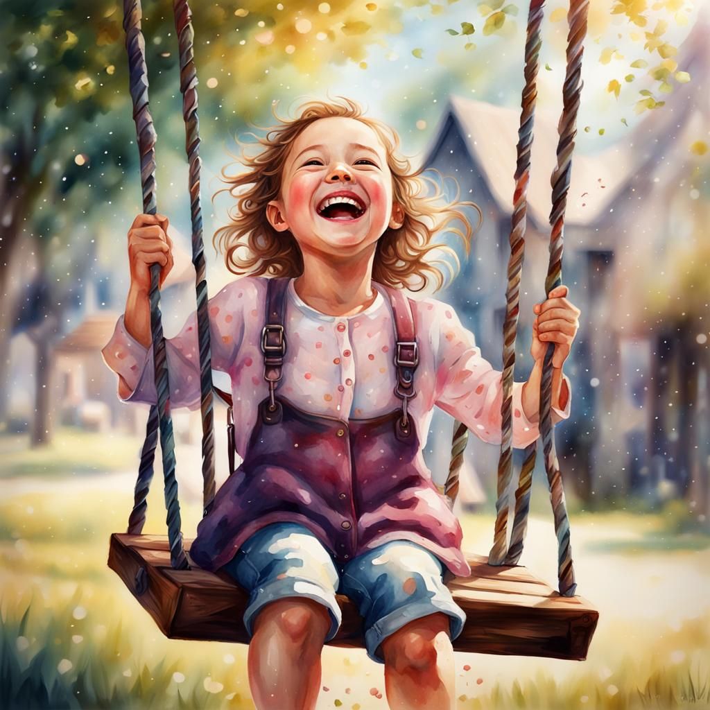 Joyful Girl on Swing: Watercolor Art