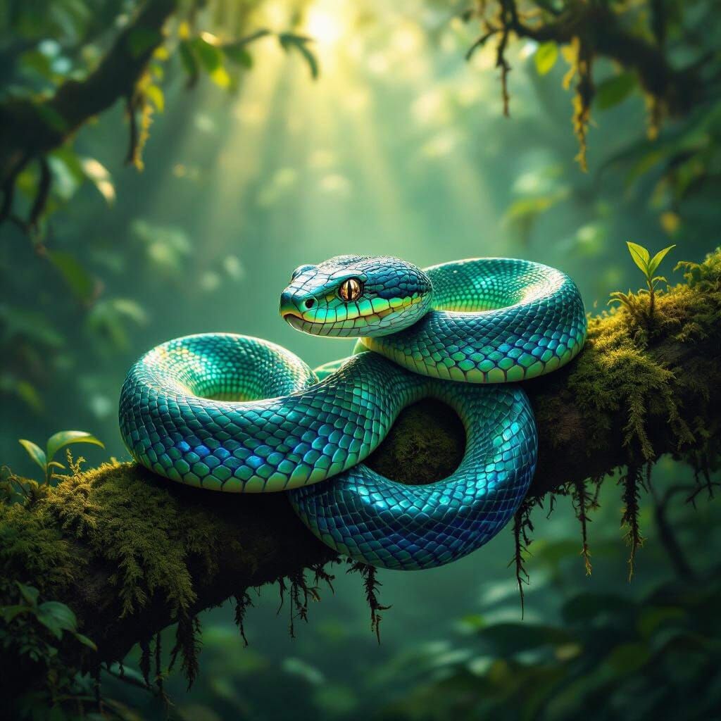 Iridescent Emerald Snake in Mystical Amazon Jungle