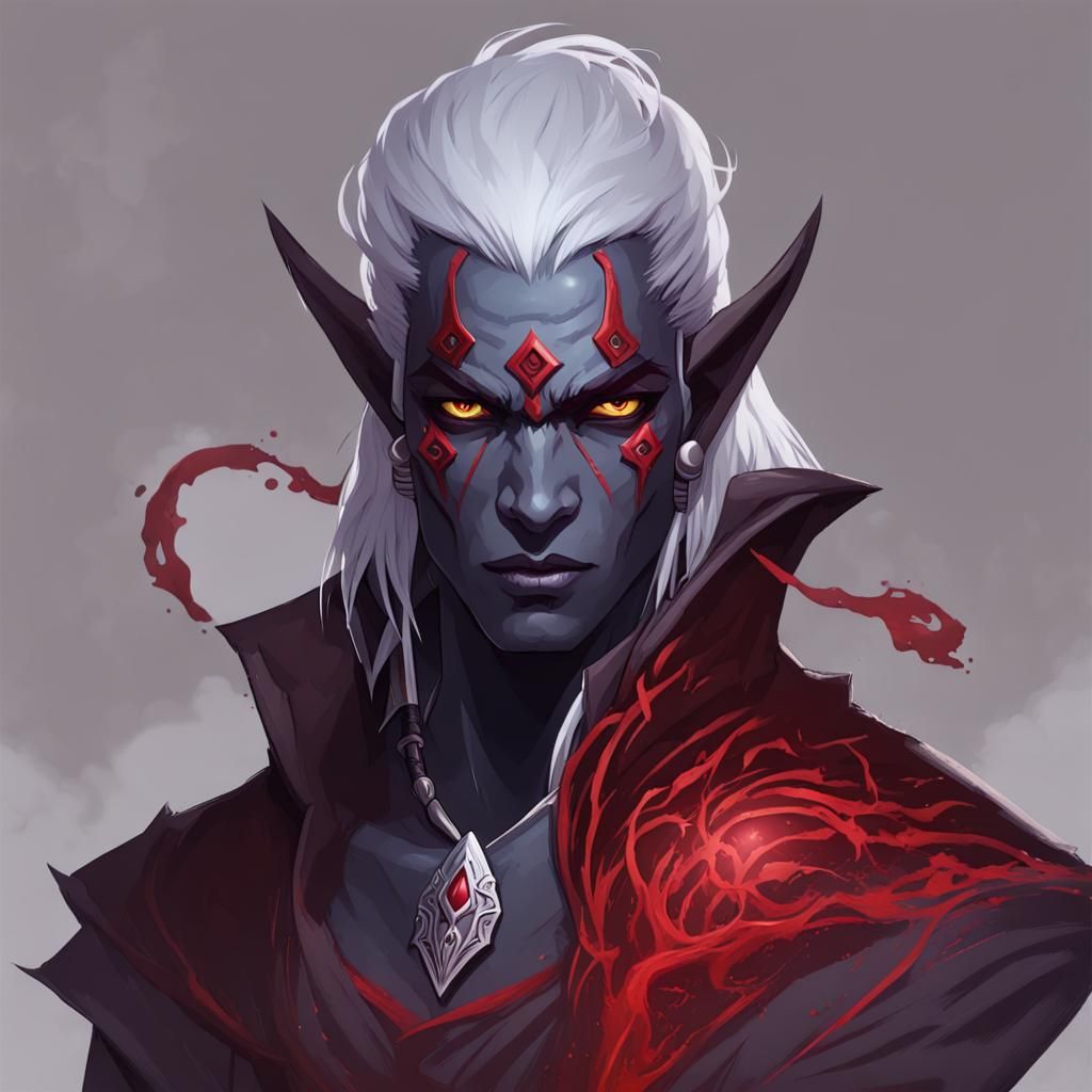 Red-Skinned Male Drow Warlock Fantasy Art