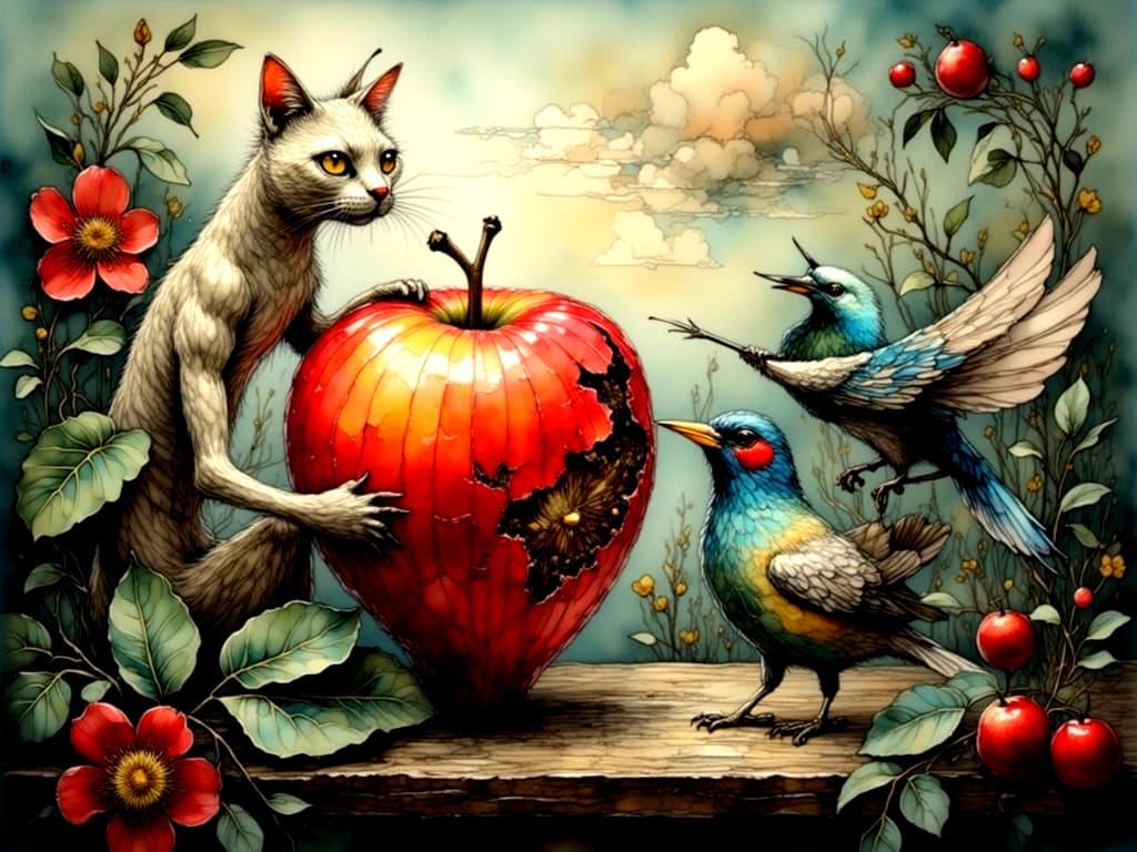 Surreal Cubist Fruit Dance in a Dreamlike Garden