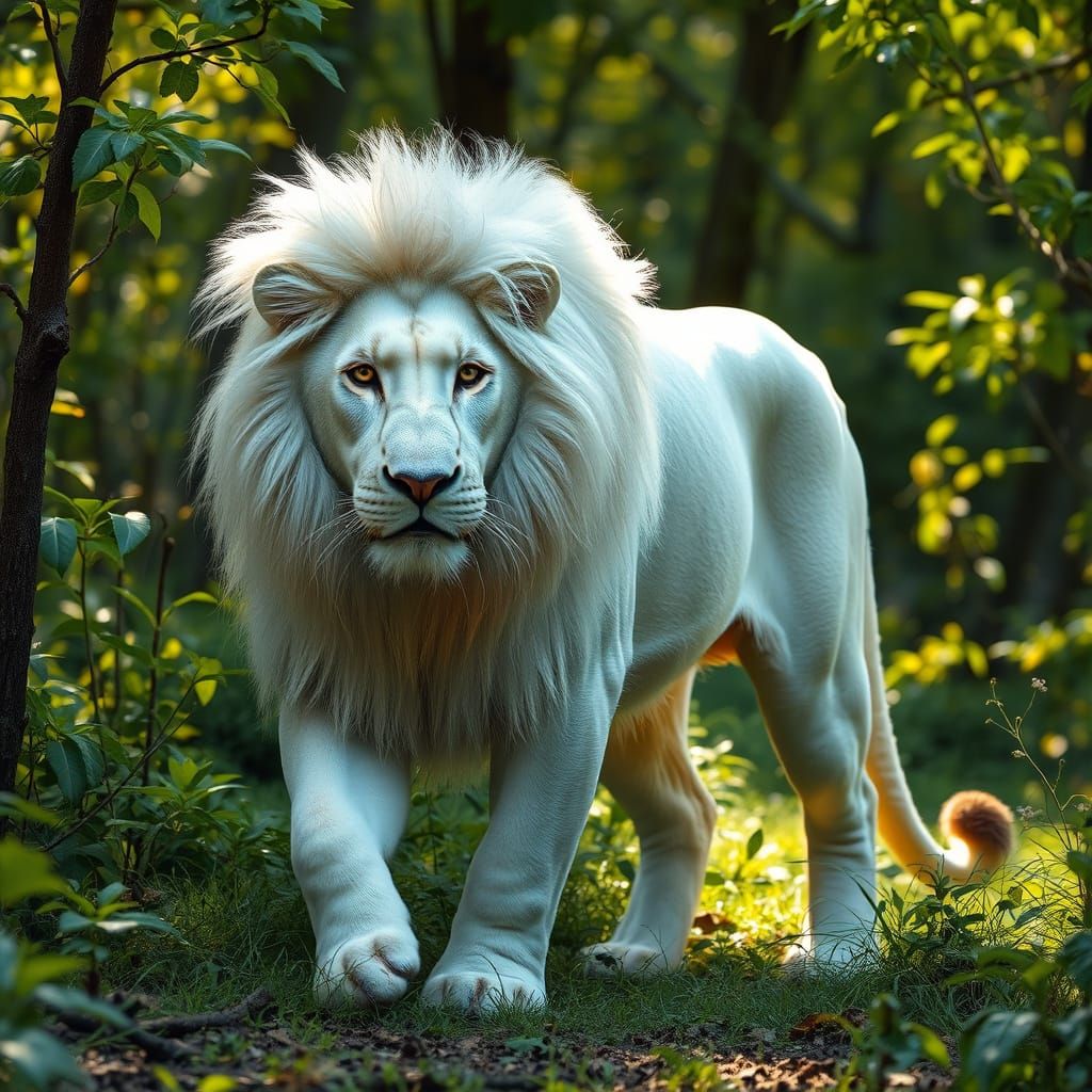 Iridescent White Lion in Lush Forest