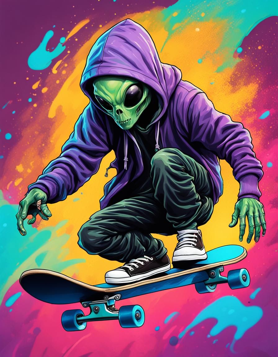 Hyperrealistic Alien Skateboarder in Hoodie