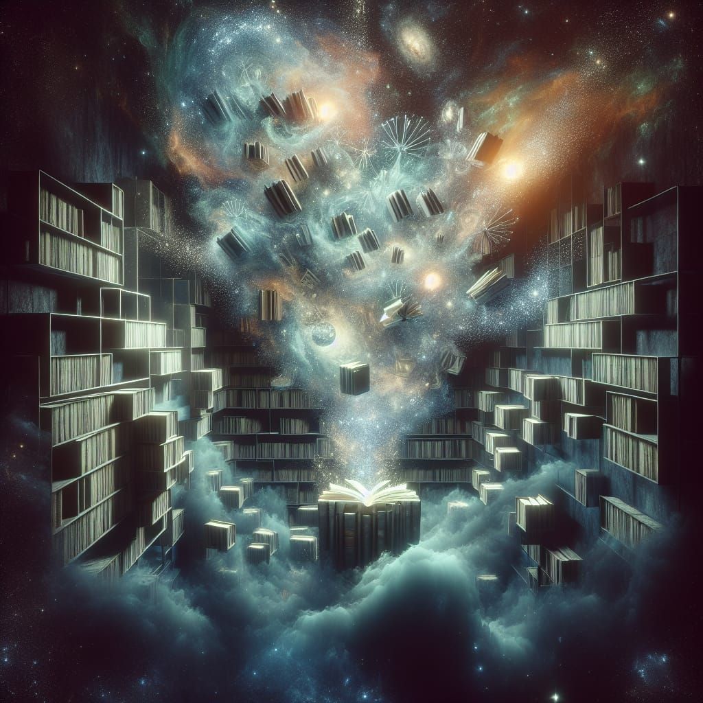 Surreal Celestial Library in Cosmic Space