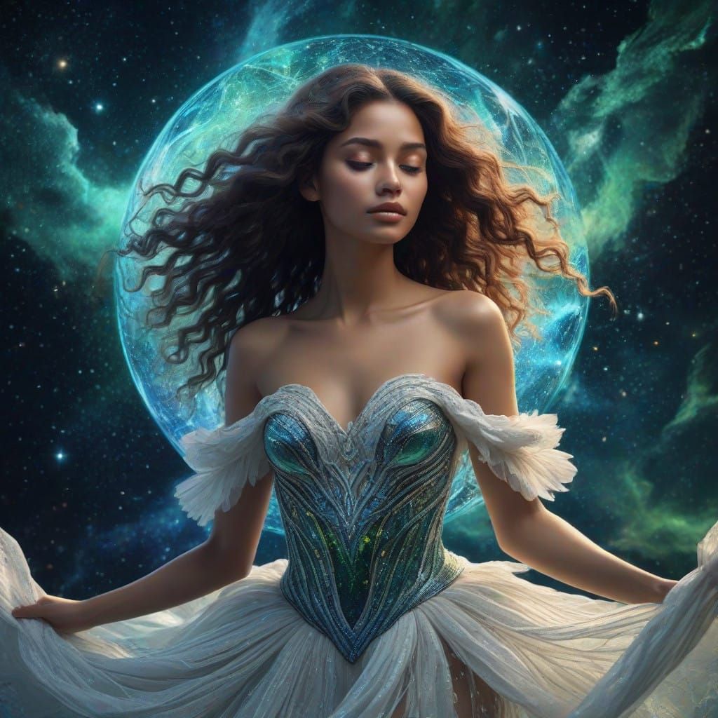Ethereal Woman Dreams of Universe and Earth
