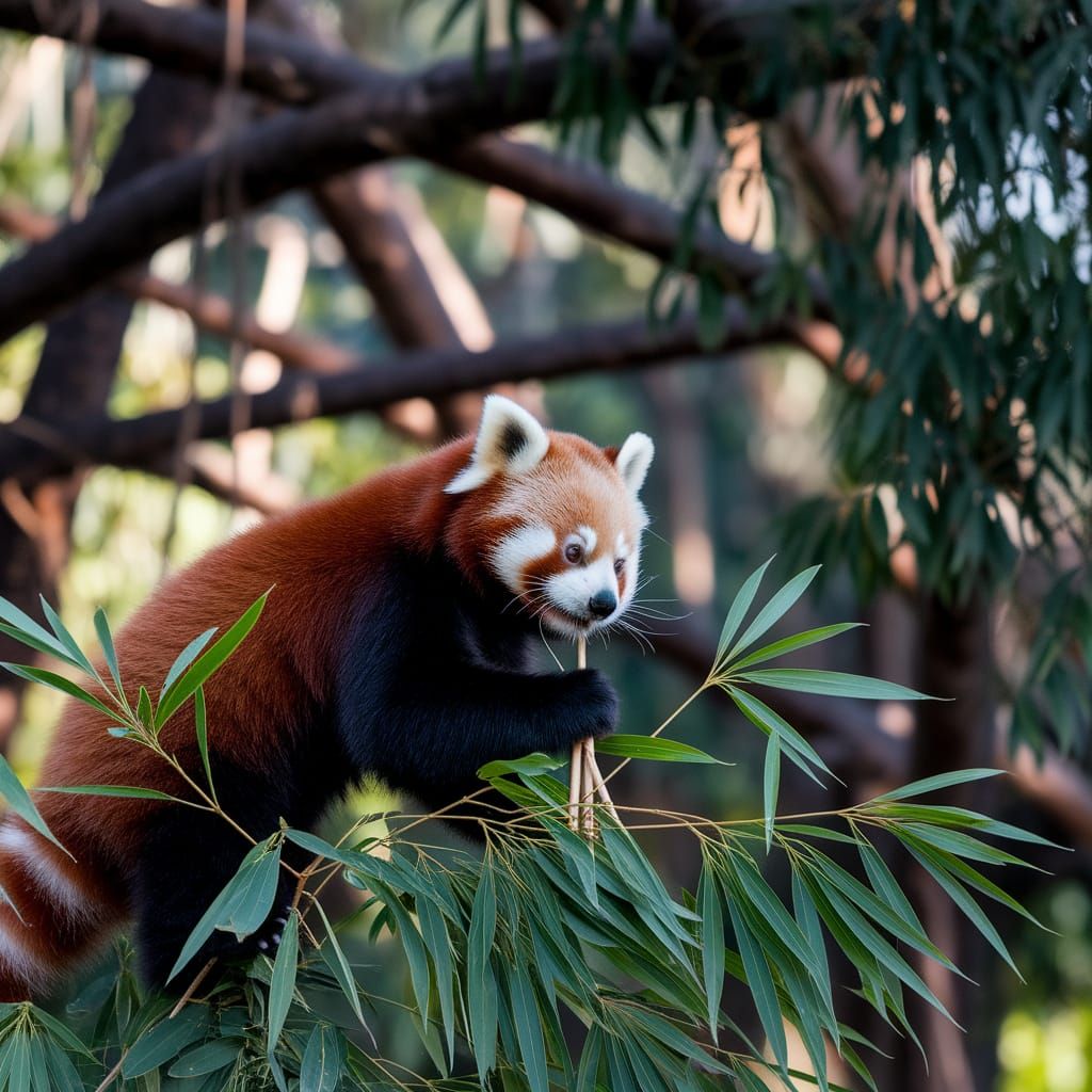 Red Panda Eating Bamboo in Jungle Canopy