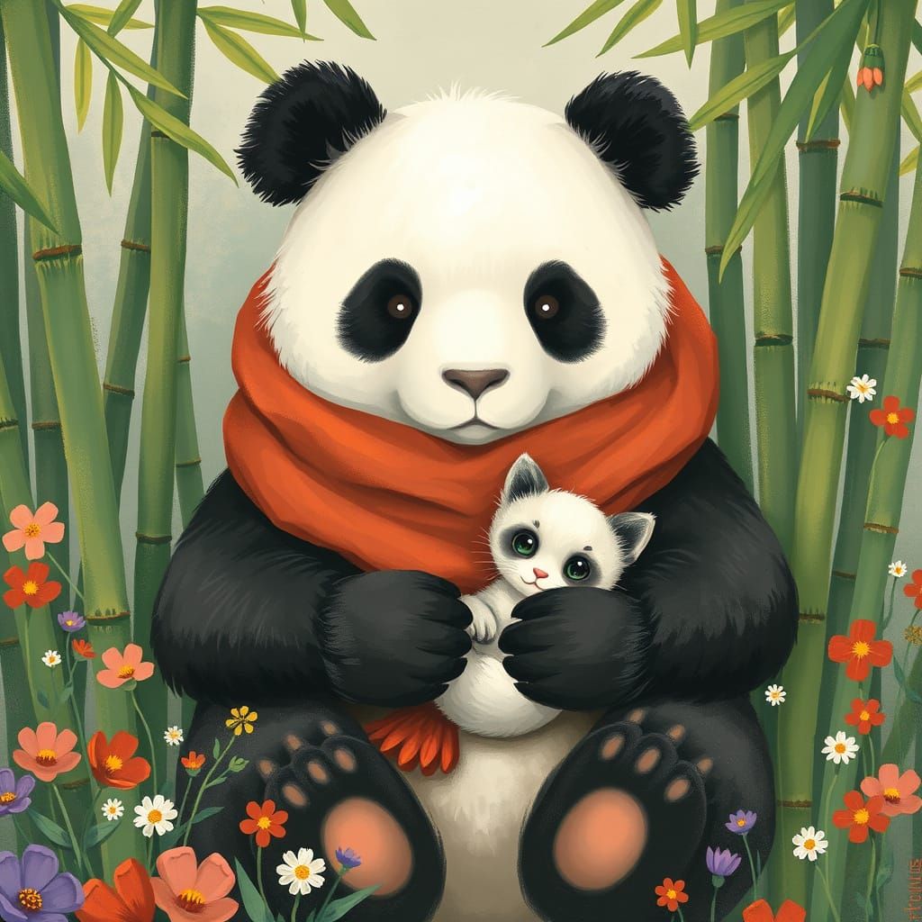 Panda Bear and Kitten in Whimsical Bamboo Scene