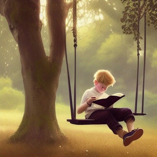 Boy Reading on Swing, Detailed Portrait