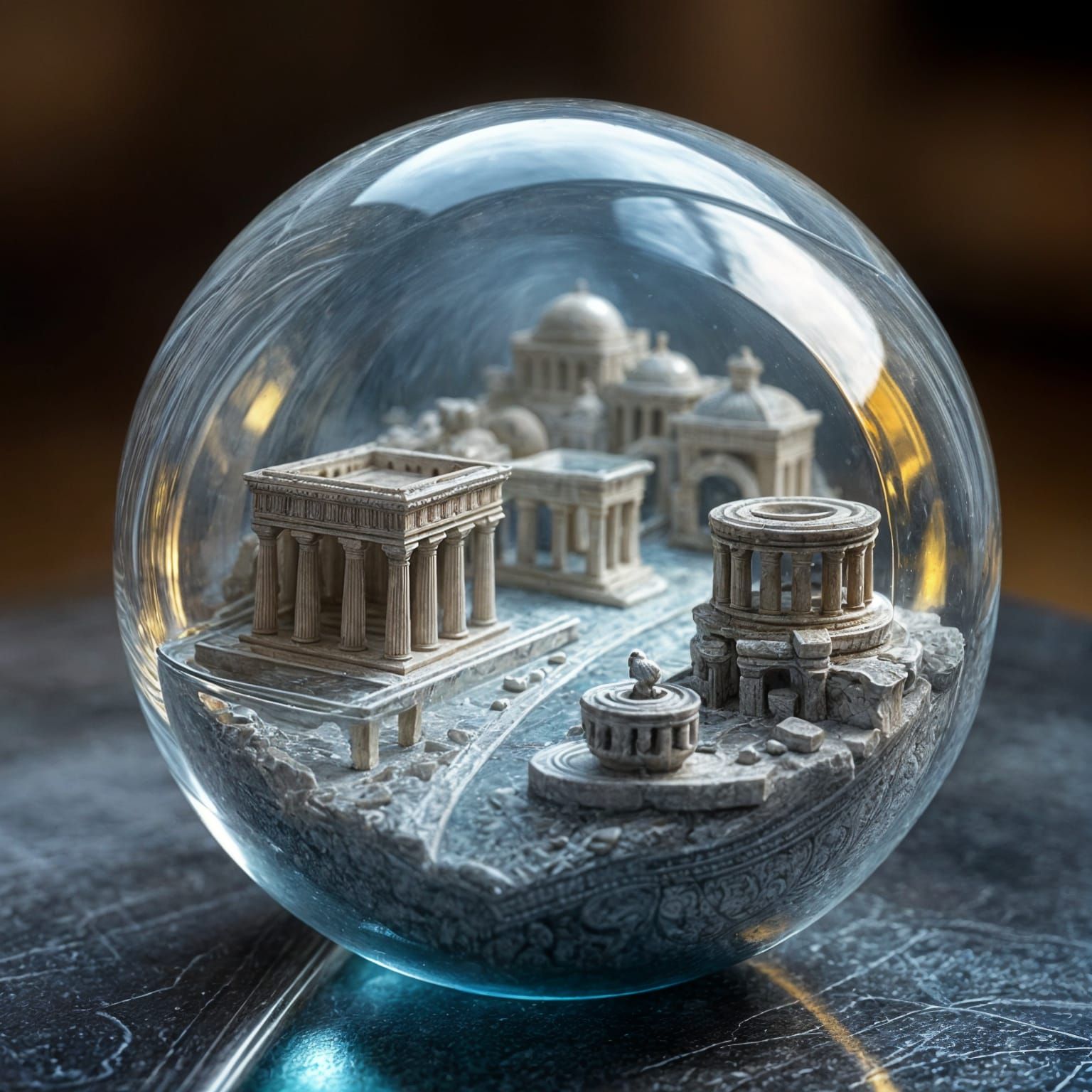 Hyperrealistic Glass Marble Showing Ancient Greek City