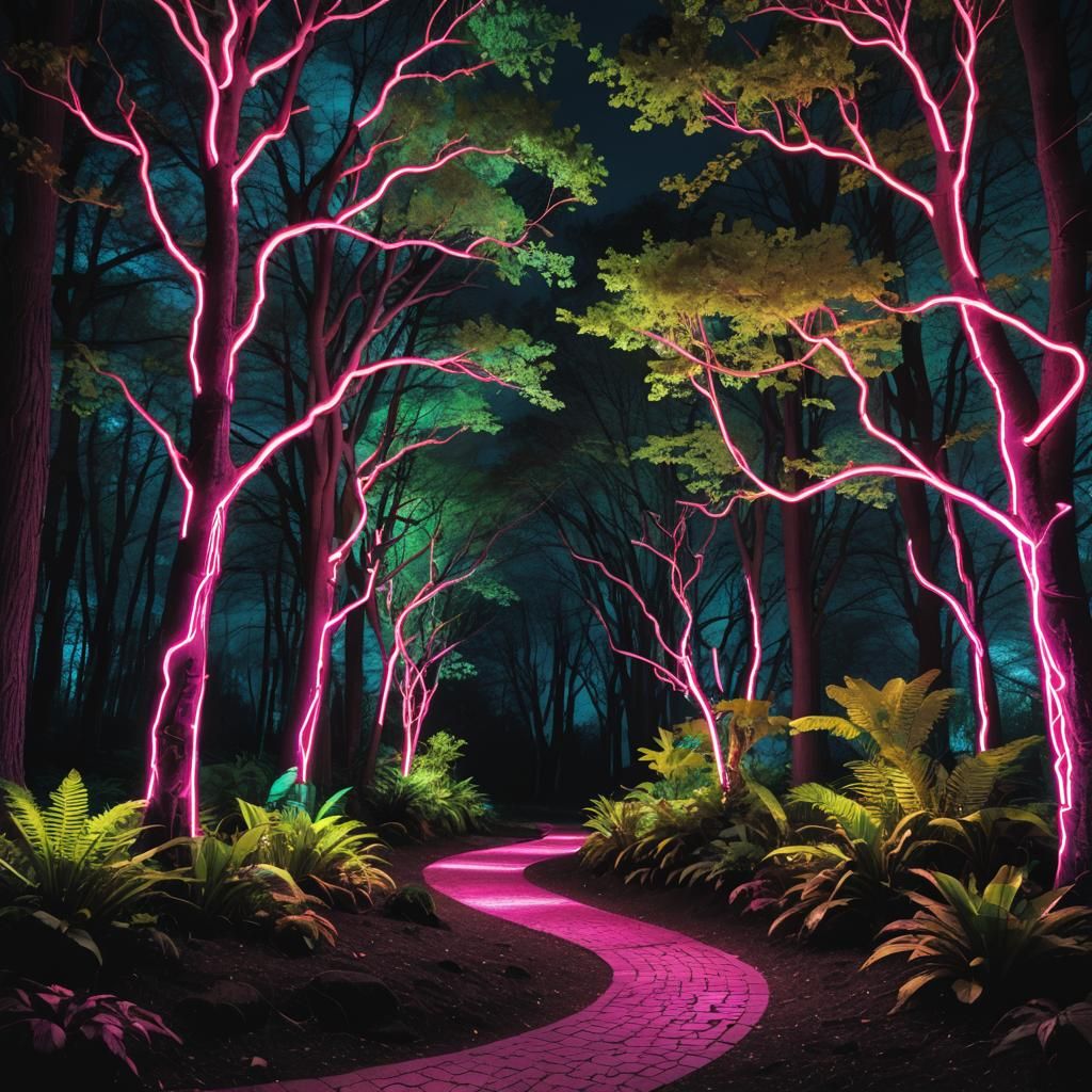 Neon Forest Path at Night