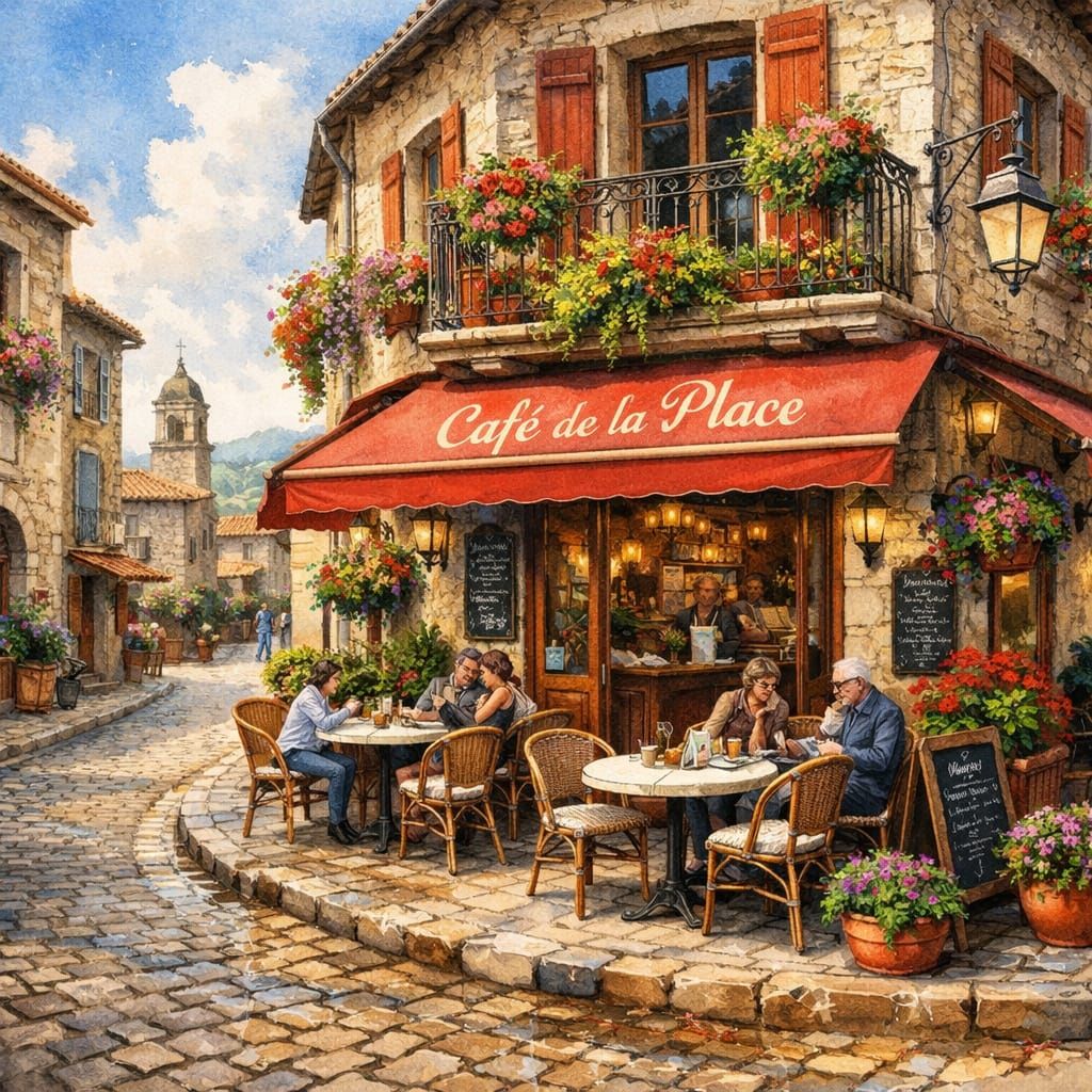 Vibrant Watercolour of a French Village Cafe