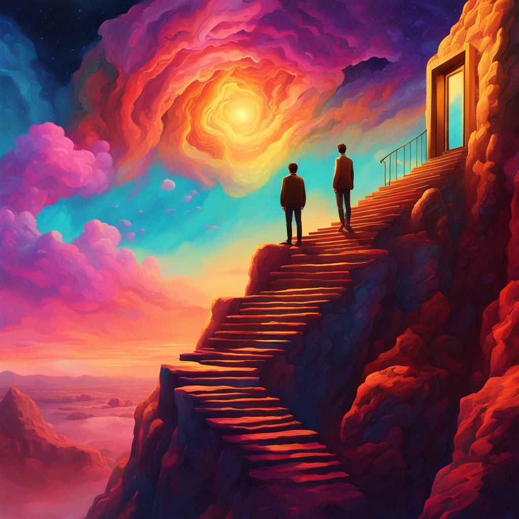 Surreal Figure at Cliff's Edge with Infinite Staircase