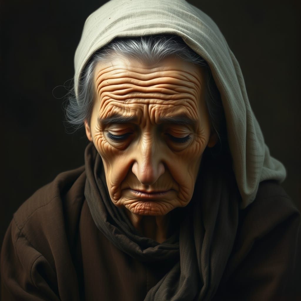 Poignant Portrait of a Sad Old Woman