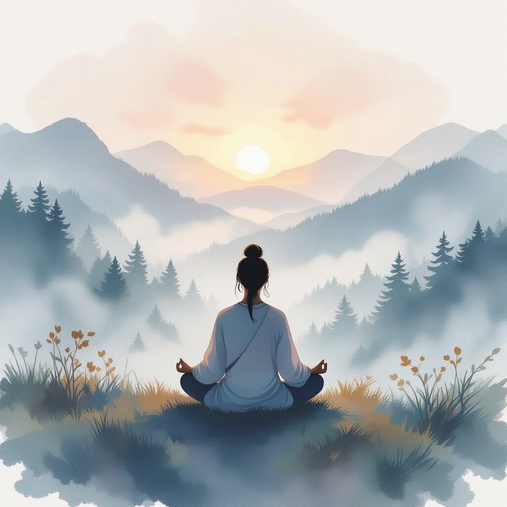 Meditating Figure in Misty Dawn Hills, Watercolor Style