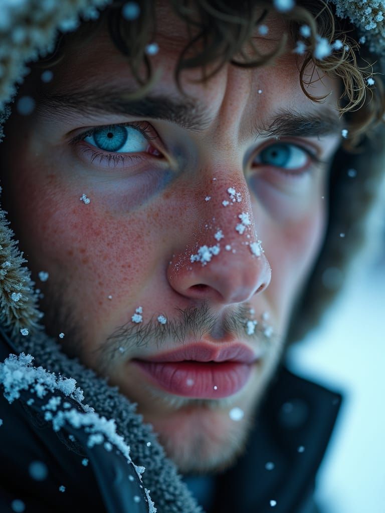 Sorrowful Young Man in Frozen Winter Landscape