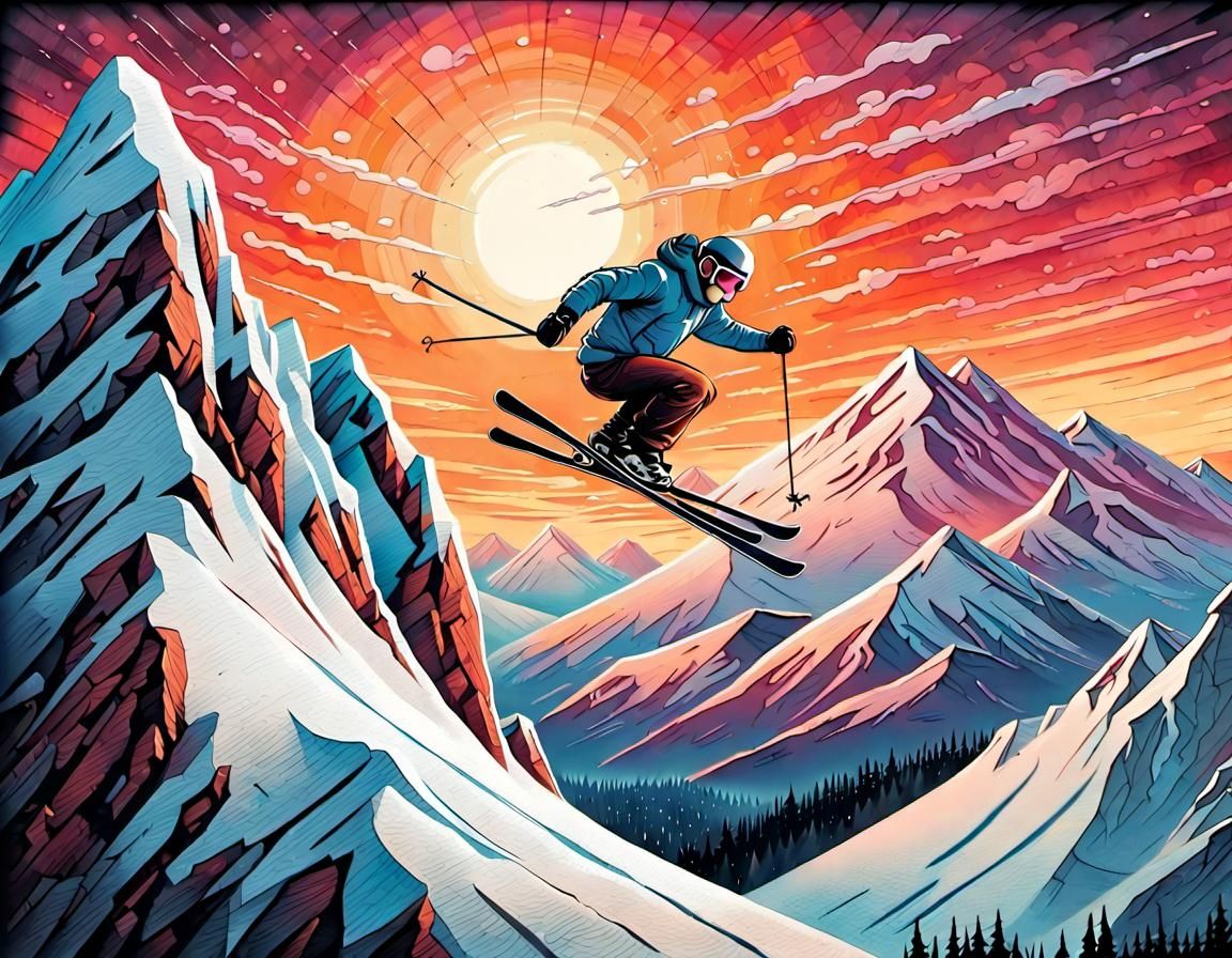 Skier's Exhilarating Jump: Vintage Storybook Illustration