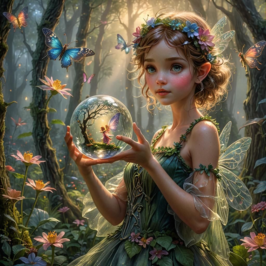 Flower Fairy Holding Orb with Forest, Hyperrealistic