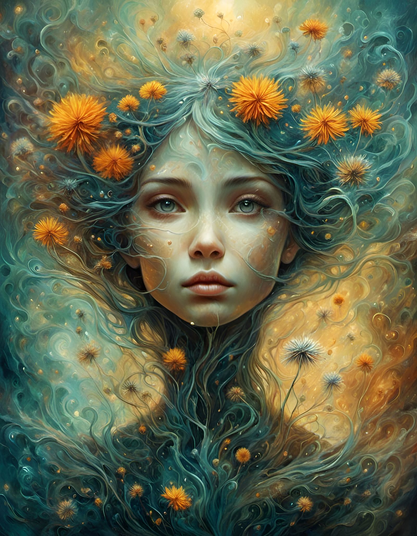 Botanical Dandelion Girl in Surreal Psychedelic Style