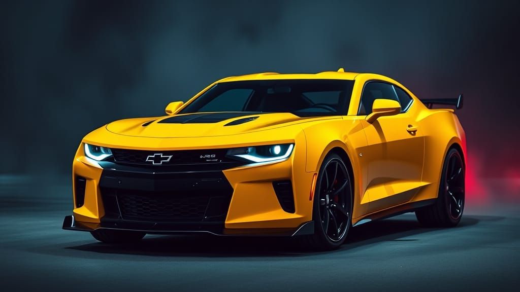 Sleek Yellow Camaro in Cinematic Film Style