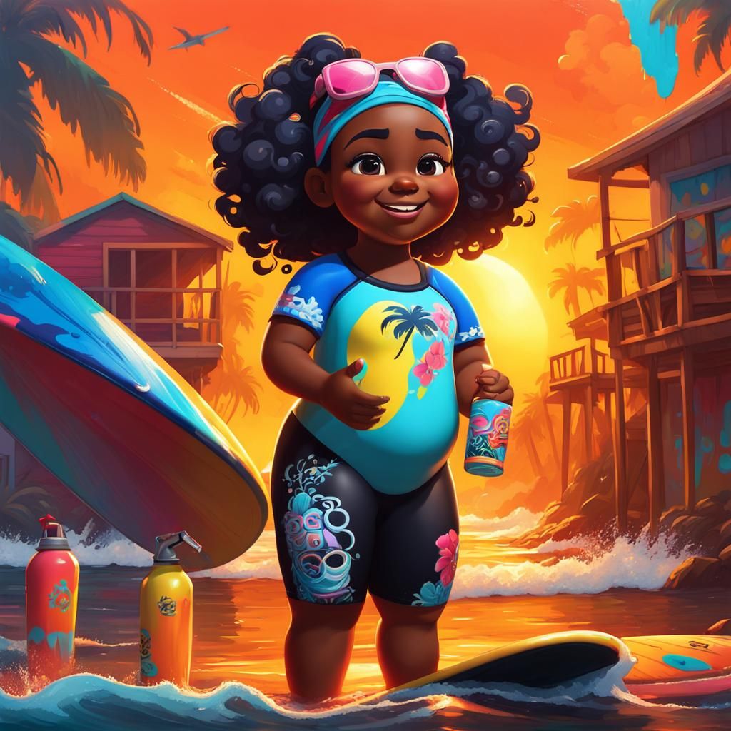 Girl Surfing at Summer Camp as Colorful Graffiti Art