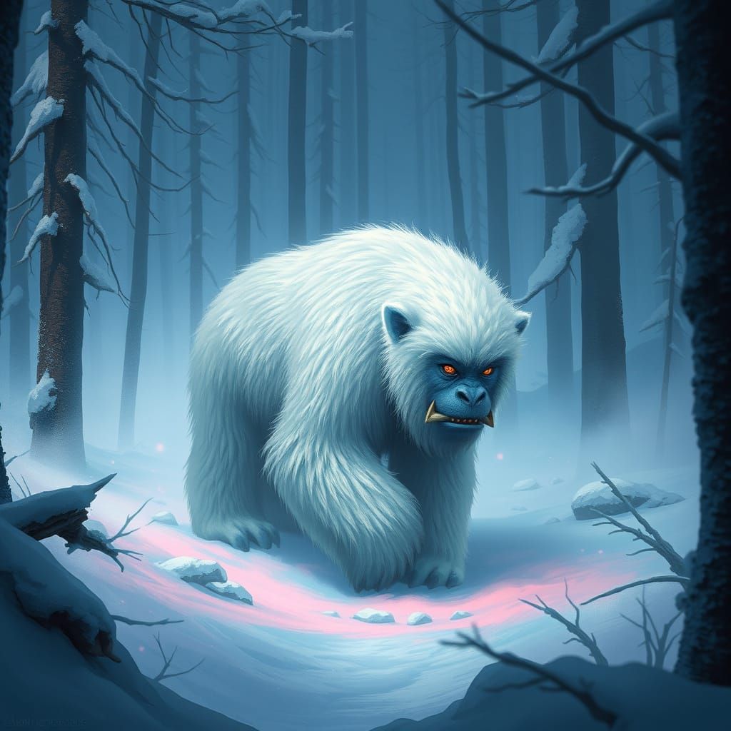 Mystical Snow Yeti Roams Icy Forest in Vibrant Colors