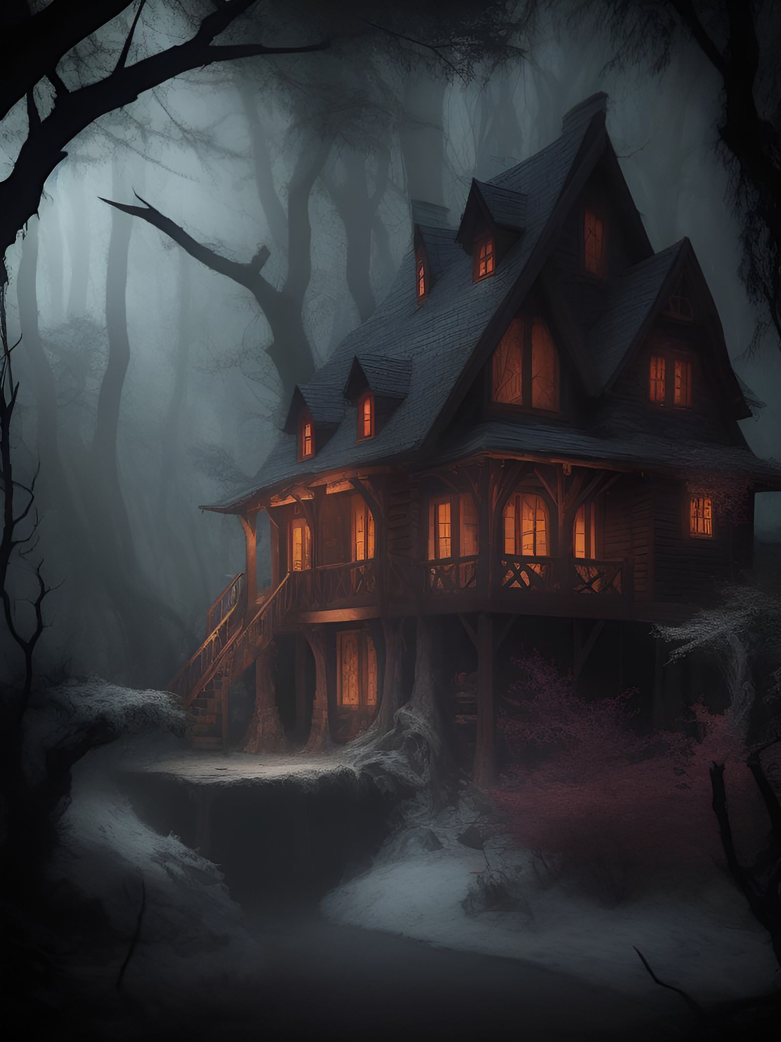 Eerie Cabin in Dark Enchanted Woods