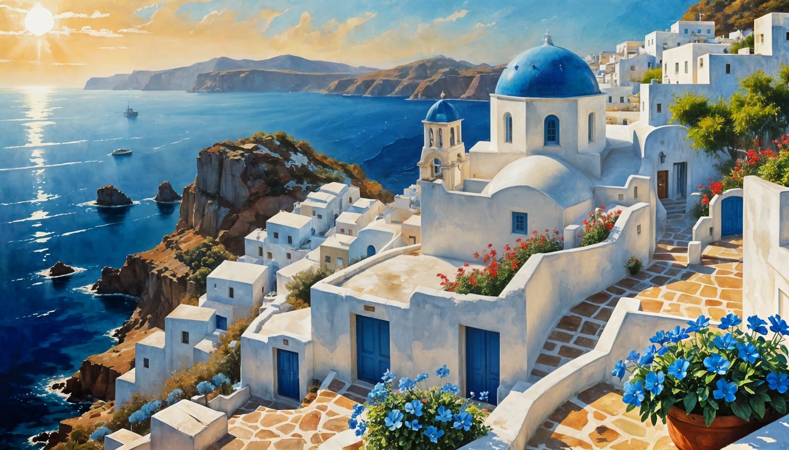 Cycladic Village Oil Painting in Impressionistic Style