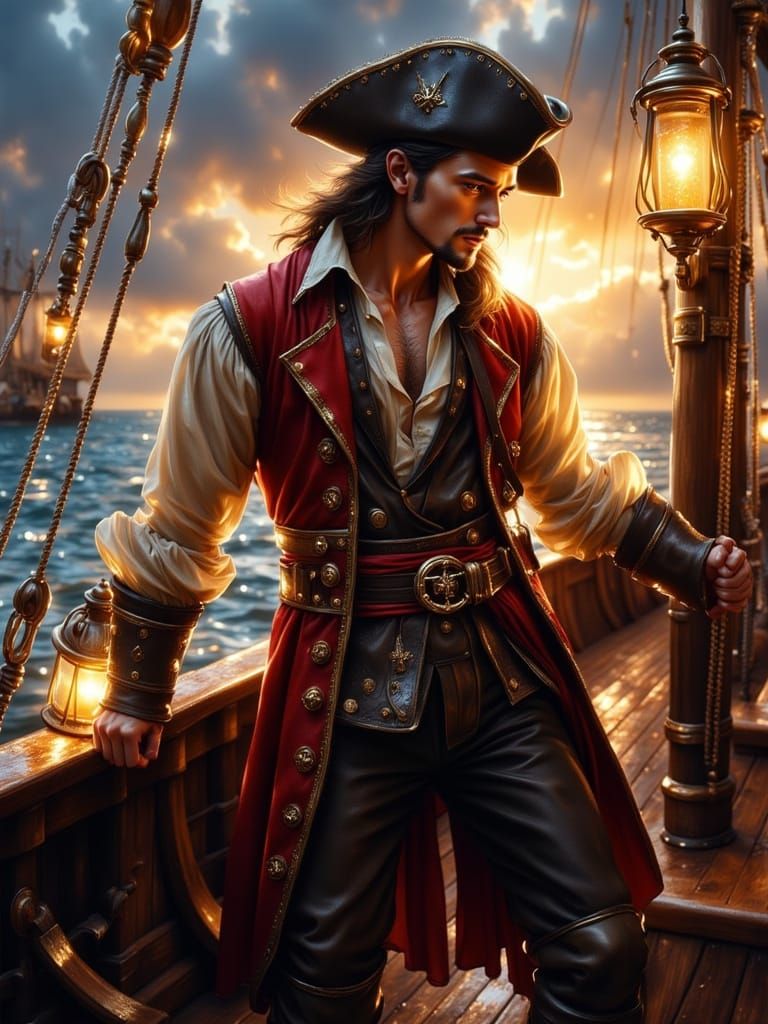 Handsome Pirate on Ship Deck in Oil Glazed Style